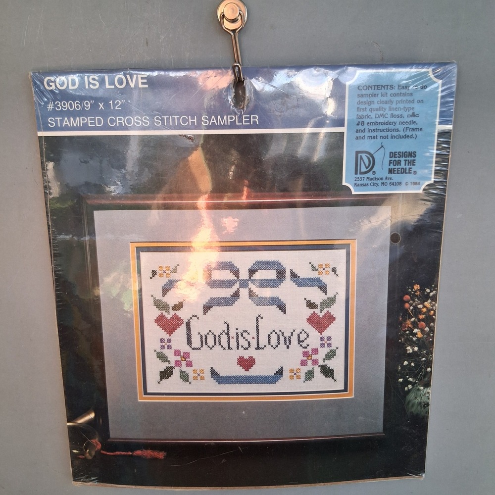 Vintage 80s 90s Cottagecore Grannycore God is Love Stamped Cross Stitch Kit NOS